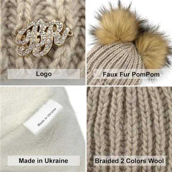 Women's Beanie Hat 2 Pom Cable Knit Winter Warm Fleece Hat Wool Cuff Ski Cap